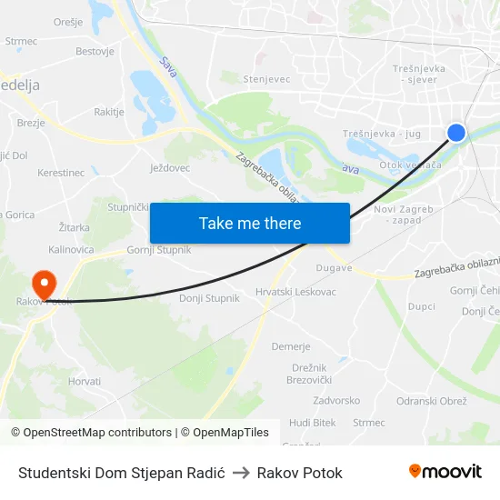 Studentski Dom Stjepan Radić to Rakov Potok map