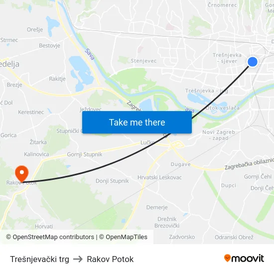 Trešnjevački trg to Rakov Potok map