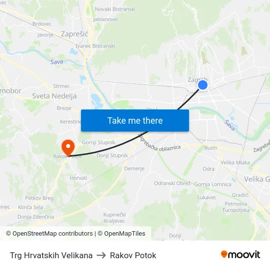 Trg Hrvatskih Velikana to Rakov Potok map