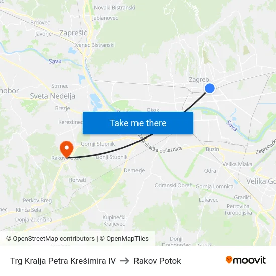 Trg Kralja Petra Krešimira IV to Rakov Potok map