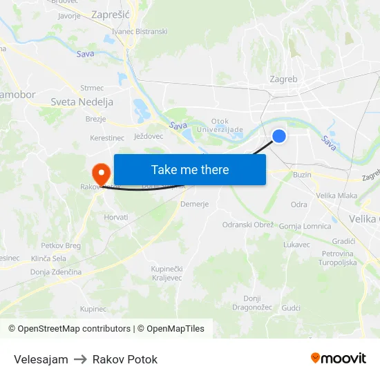 Velesajam to Rakov Potok map