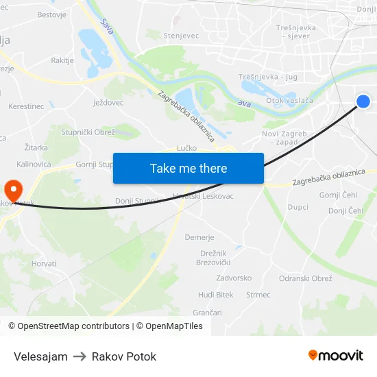 Velesajam to Rakov Potok map