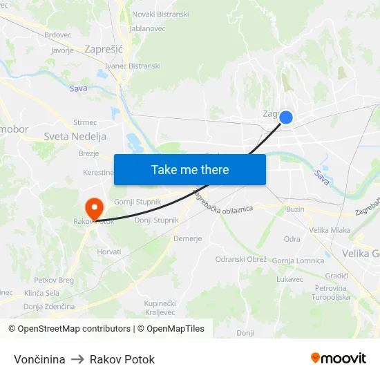 Vončinina to Rakov Potok map