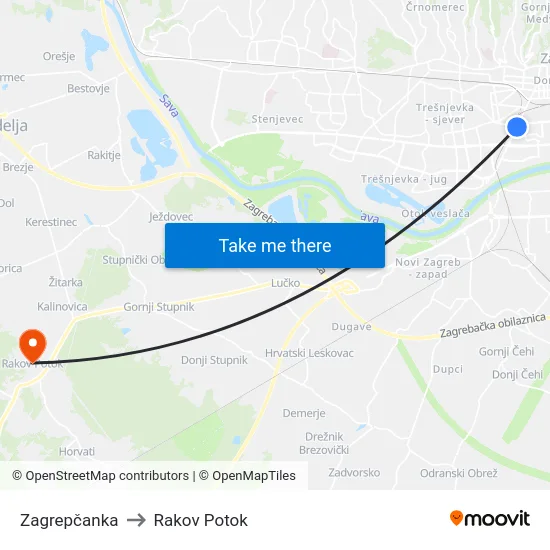 Zagrepčanka to Rakov Potok map