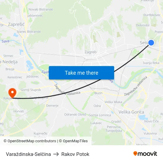 Varaždinska-Selčina to Rakov Potok map