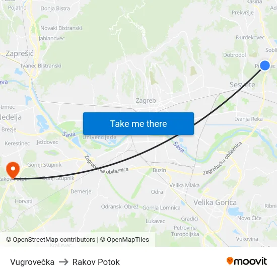 Vugrovečka to Rakov Potok map