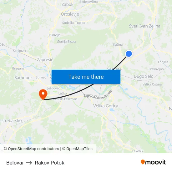 Belovar to Rakov Potok map