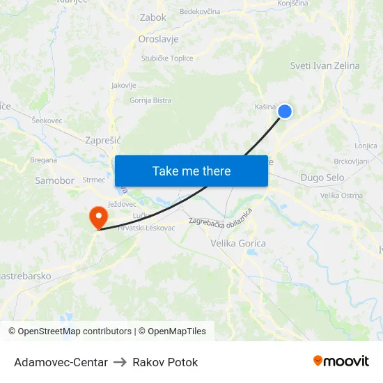 Adamovec-Centar to Rakov Potok map