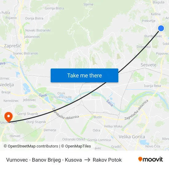 Vurnovec - Banov Brijeg - Kusova to Rakov Potok map