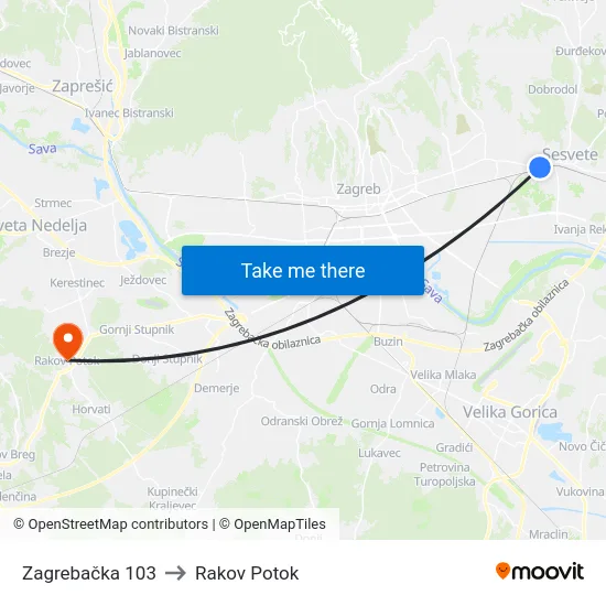 Zagrebačka 103 to Rakov Potok map
