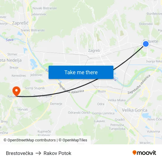 Brestovečka to Rakov Potok map