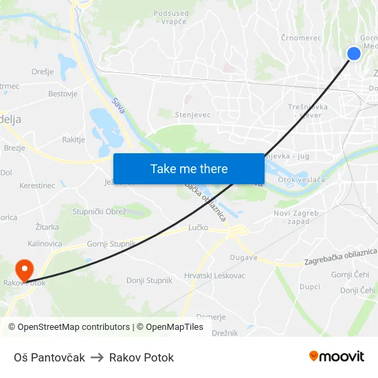 Oš Pantovčak to Rakov Potok map