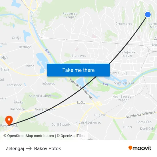 Zelengaj to Rakov Potok map