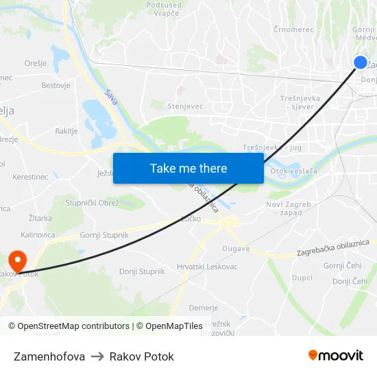 Zamenhofova to Rakov Potok map