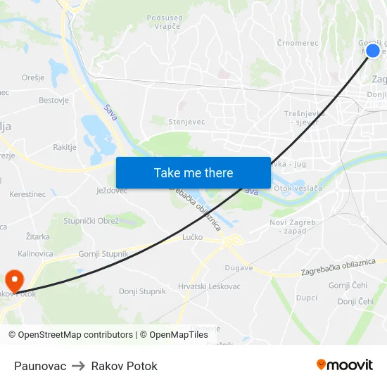 Paunovac to Rakov Potok map