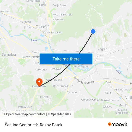 Šestine-Centar to Rakov Potok map