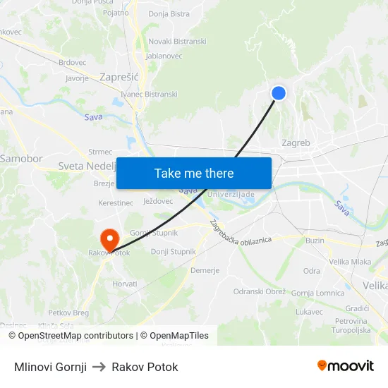 Mlinovi Gornji to Rakov Potok map