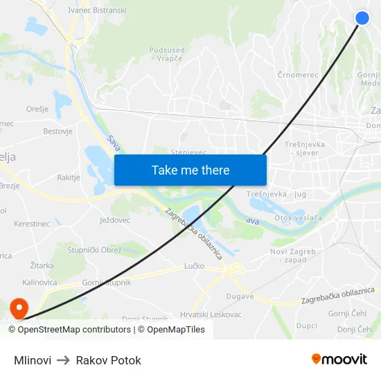 Mlinovi to Rakov Potok map