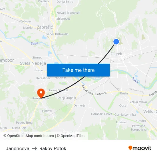 Jandrićeva to Rakov Potok map