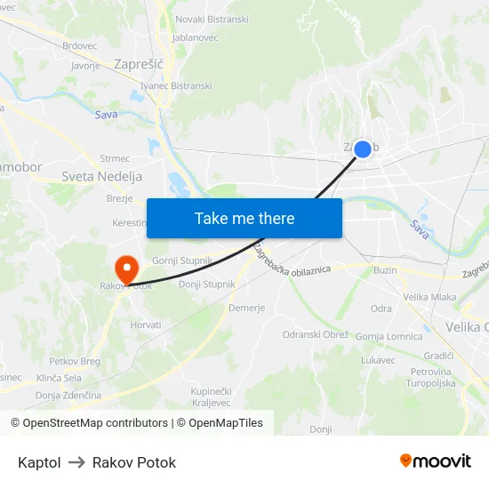 Kaptol to Rakov Potok map