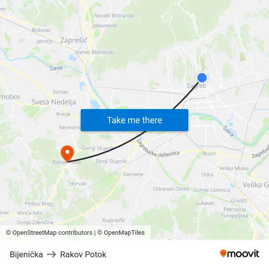Bijenička to Rakov Potok map