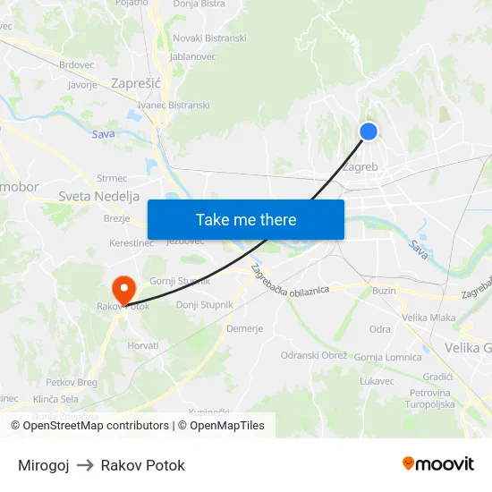 Mirogoj to Rakov Potok map