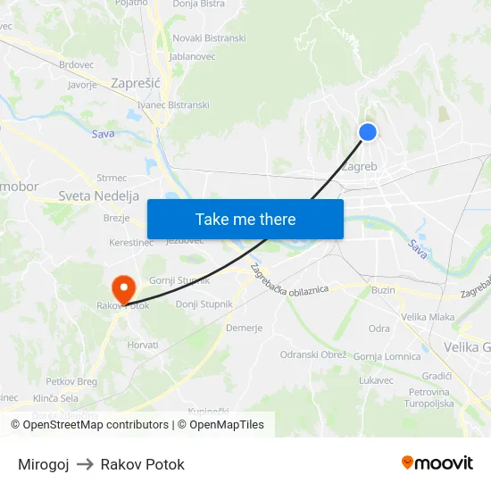 Mirogoj to Rakov Potok map