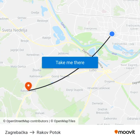 Zagrebačka to Rakov Potok map