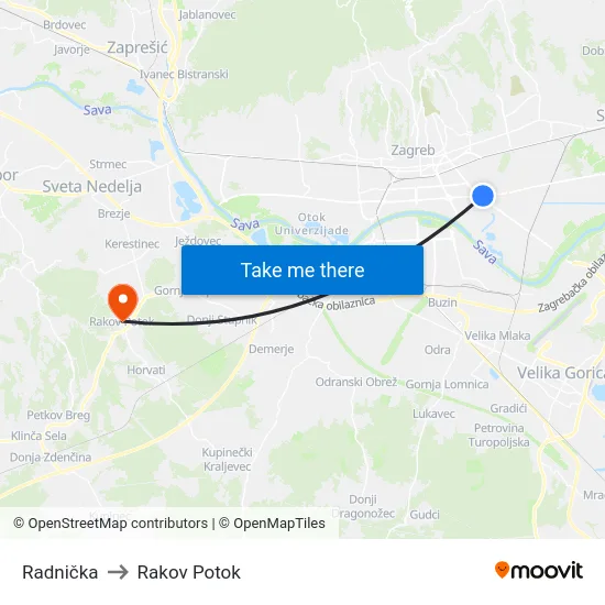Radnička to Rakov Potok map