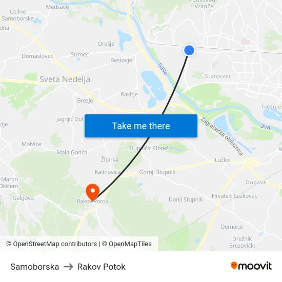 Samoborska to Rakov Potok map