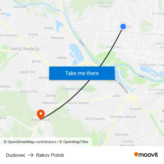 Dudovec to Rakov Potok map