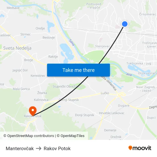 Manterovčak to Rakov Potok map