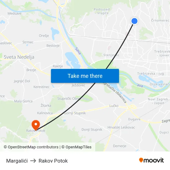 Margalići to Rakov Potok map
