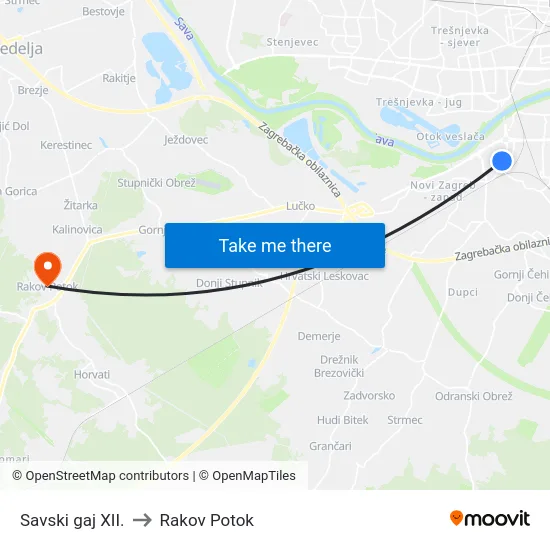 Savski gaj XII. to Rakov Potok map