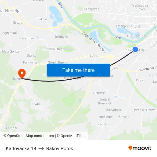 Karlovačka 18 to Rakov Potok map