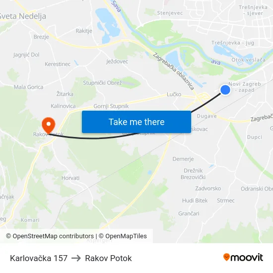 Karlovačka 157 to Rakov Potok map