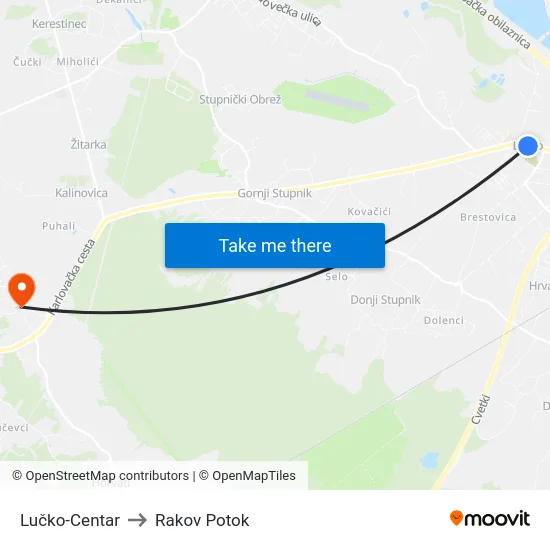 Lučko-Centar to Rakov Potok map