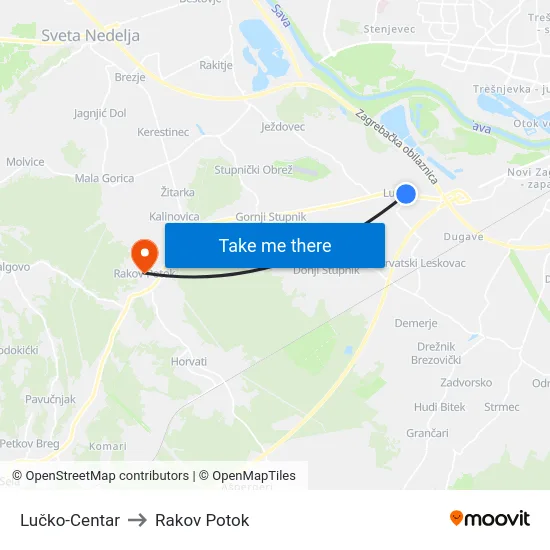 Lučko-Centar to Rakov Potok map