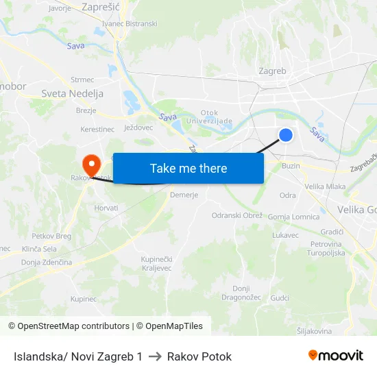 Islandska/ Novi Zagreb 1 to Rakov Potok map