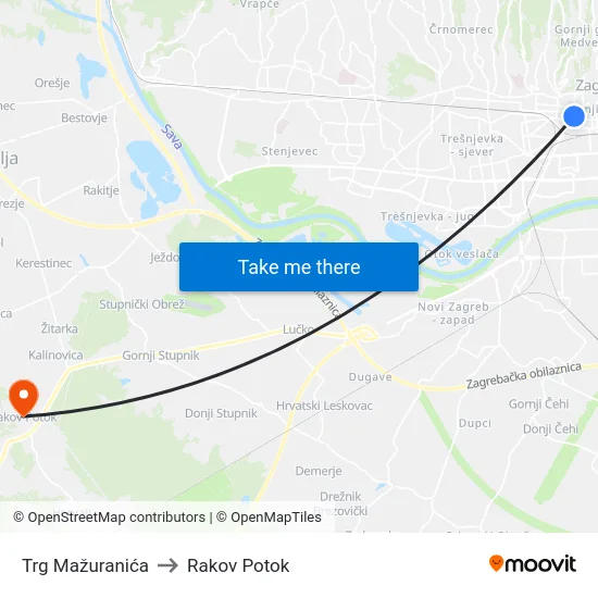 Trg Mažuranića to Rakov Potok map