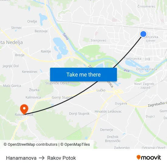 Hanamanova to Rakov Potok map