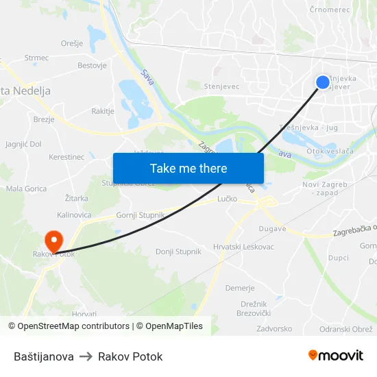 Baštijanova to Rakov Potok map