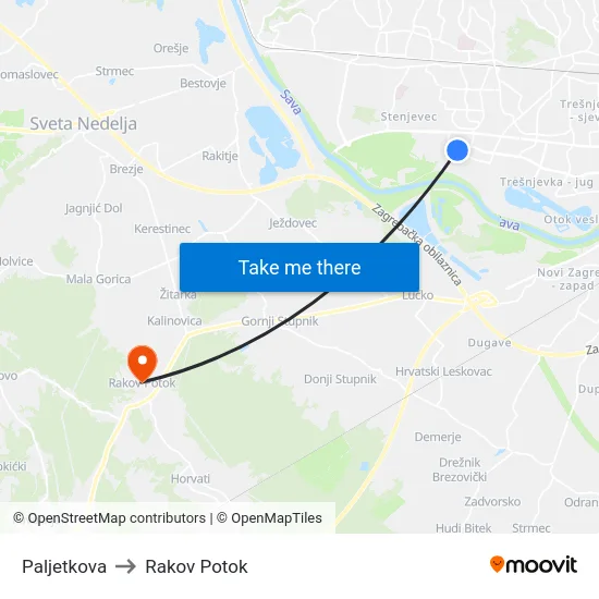 Paljetkova to Rakov Potok map