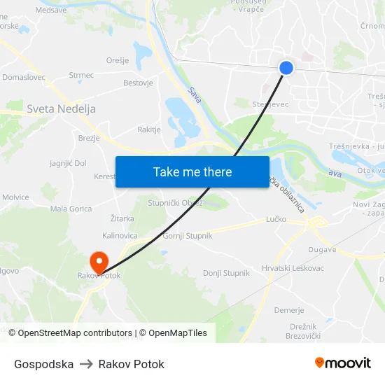 Gospodska to Rakov Potok map