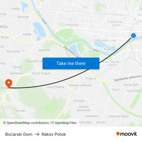 Boćarski Dom to Rakov Potok map