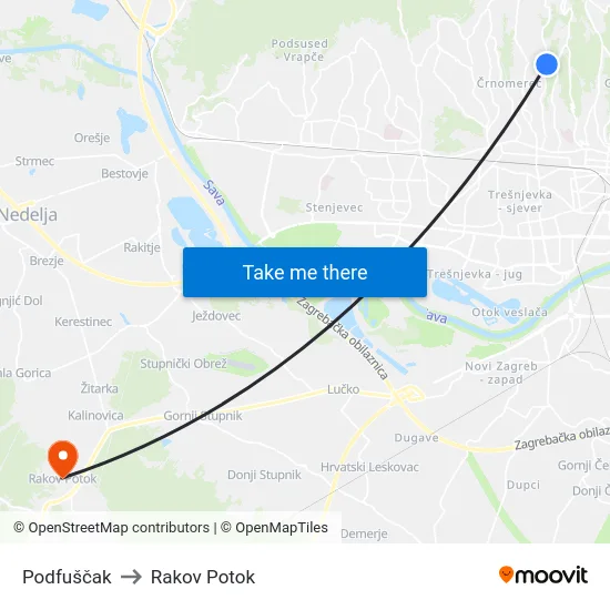 Podfuščak to Rakov Potok map