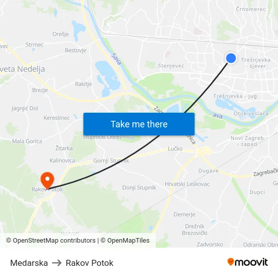 Medarska to Rakov Potok map