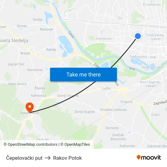 Čepelovački put to Rakov Potok map