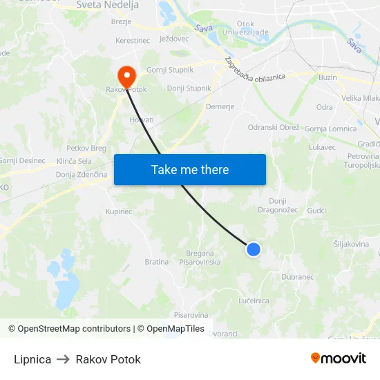 Lipnica to Rakov Potok map