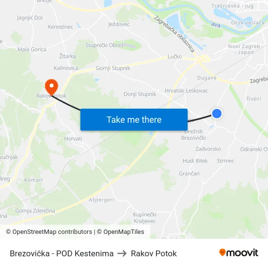 Brezovička - POD Kestenima to Rakov Potok map